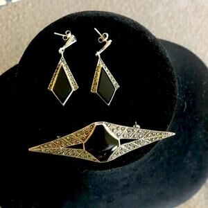 Art Deco Sterling, Onyx & Marquesite Earrings and Matching Brooch Set